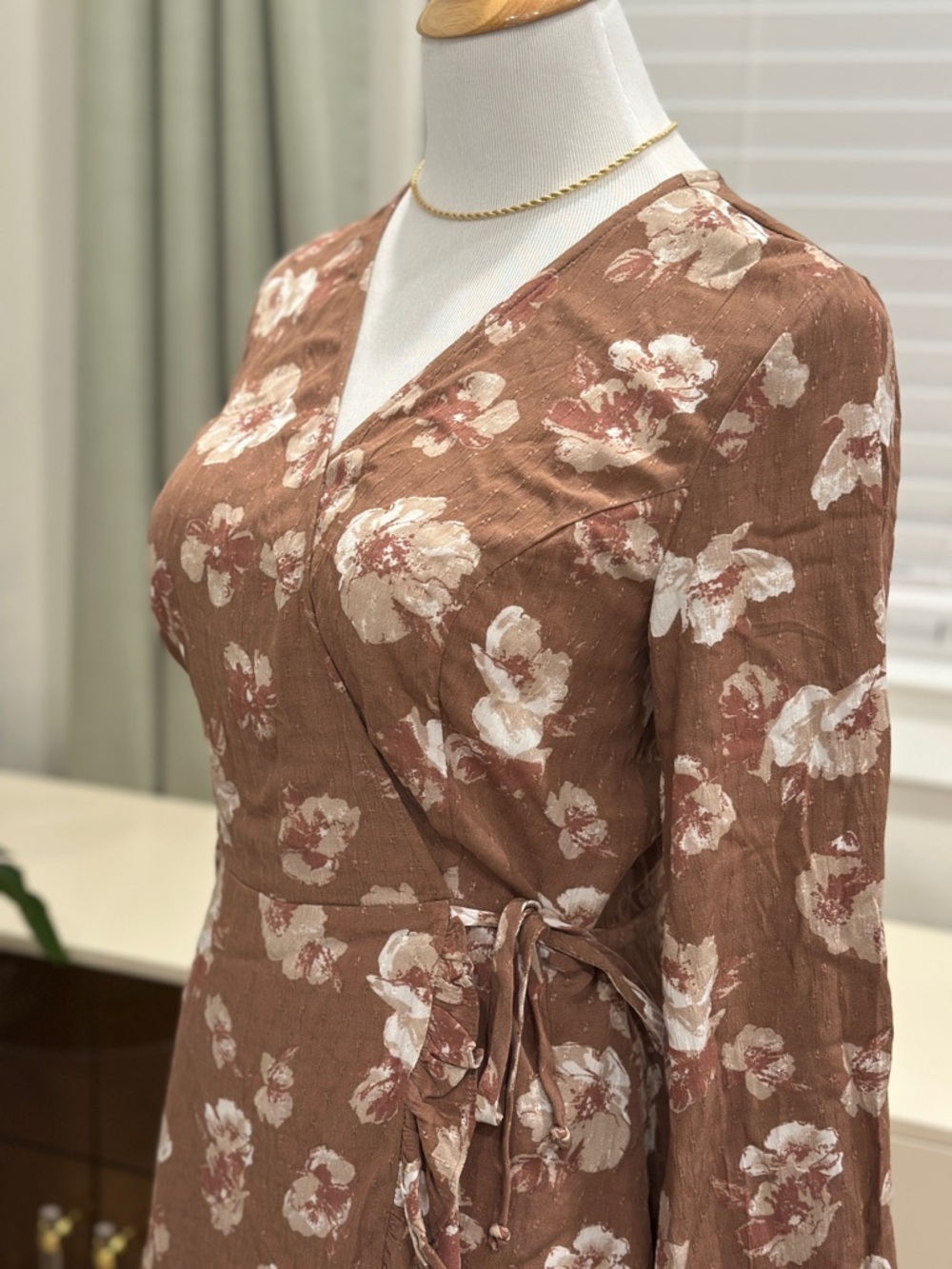 Altar'd State Brown Floral Wrap Dress with Ruffle Hem - Picture 2 of 11